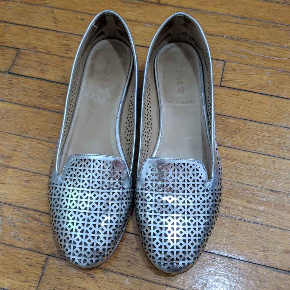 Silver metallic J. Crew smoking shoes/flats sz 7.5
